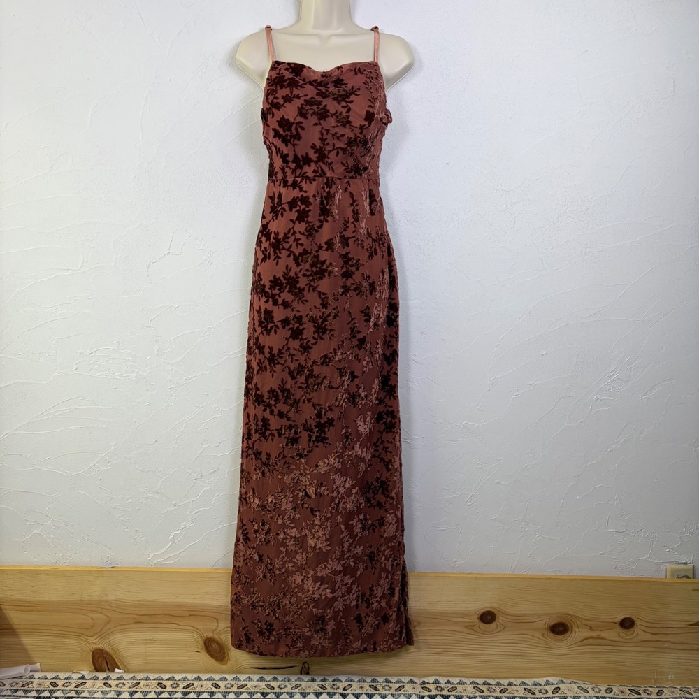 Revelry Maxi Dress Womens 10 Rust Velvet Floral Burnout Spaghetti Strap Formal